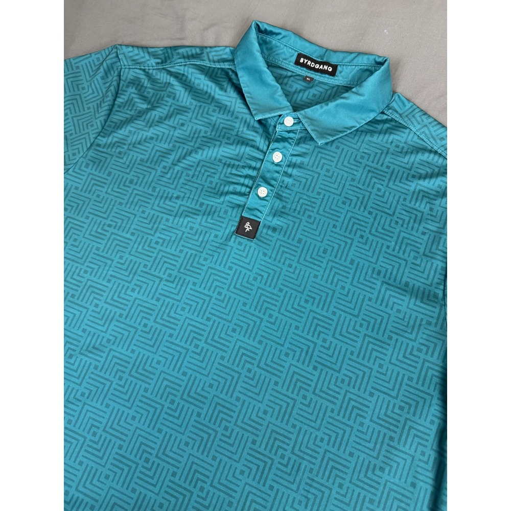 Byrdgang Mens XL Teal Blue Green Geometric Maze Print Performance Polo‎ Shirt